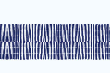 Indigo blue Japanese block print effect bordur. Seamless hand made vector design for fabric batik ribbon and faded fashion repeat banner. 