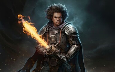Fototapeta premium A man in armor standing strong, holding a flame in his hand. Generative AI
