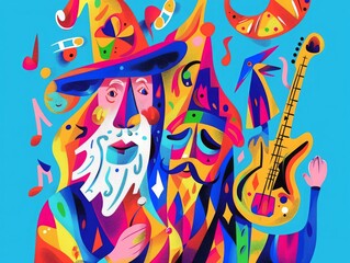 Abstract Art,music, snack avatar, caricature, wizard, Blue, apricot, and red