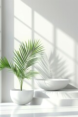 Fototapeta premium Stylish white podium for presenting products in a lush and vibrant tropical garden environment
