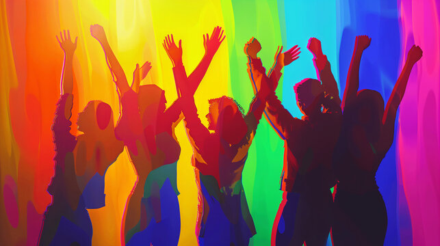 Silhouetted figures celebrating with a rainbow flag backdrop.