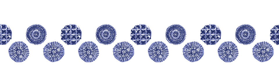 Indigo blue Japanese dot block print effect border. Seamless hand made vector design for fabric batik washi tape and faded fashion edging. 