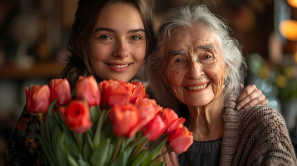 Caring middle-aged woman hugging her senior grey-haired mother in glasses standing together at home laughing enjoy positive friendly talk and time together. Multi-generational family, ties and love Se