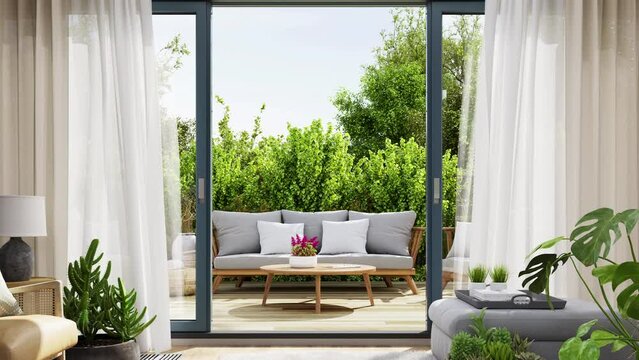 Cozy patio area with garden furniture, sliding doors and decking