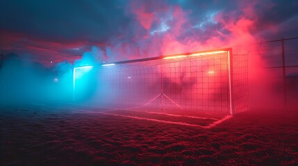 Textured soccer game field with neon fog and glowing goalposts  - obrazy, fototapety, plakaty