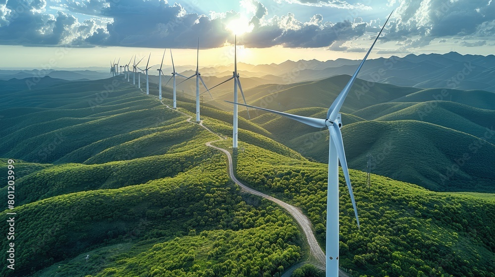 Fototapete aerial view of a wind turbine farm with sweeping green hills in the background. leading lines to dra