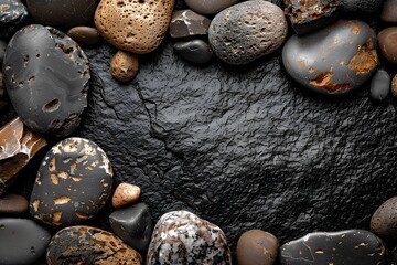 A bunch of rocks sitting on top of a black surface