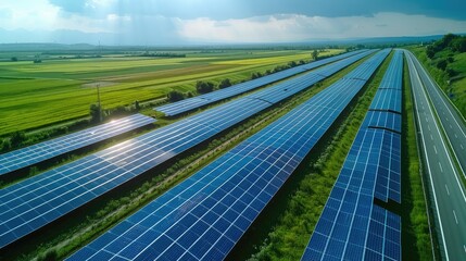 Aerial view of photovoltaics on open spaces along highway. Solar energy installation located next to a major roadway, used to generate clean electricity and source of renewable energy. Generative AI.