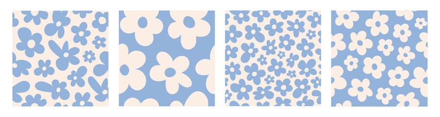 Set seamless patterns with blue groovy daisy flowers on a beige background. Pastel colors. Vector illustration.
