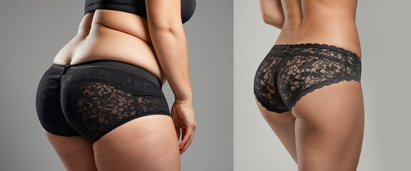 Thigh a woman in panties before and after weight loss