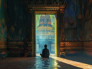 In the heart of mystical shadows, a wanderer interprets ancient symbols amidst Thai temples, revealing stories untold. POV captures the fusion of past and abstract visions., Navy blue, neon green, can