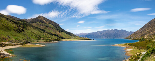 the view of lake Hawea.  It is in the Otago Region New Zealand,  at an altitude of 348 metres. It...