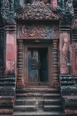 In the heart of mystical shadows, a wanderer interprets ancient symbols amidst Thai temples, revealing stories untold. POV captures the fusion of past and abstract visions., Strawberry pink, neon blue