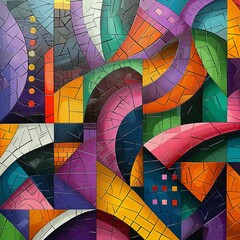 Create a mosaic artwork with bright and saturated colors. The mosaic should have a modern and abstract look and feel. Use a variety of shapes and sizes for the mosaic tiles.