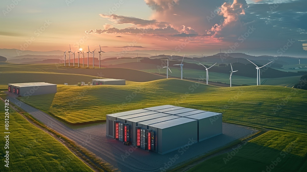 Poster An aerial view of a battery energy storage system with a substation in a green landscape and windmills in the background. Generative AI.