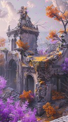 Fototapeta premium Time-traveler, in search of Dharma's essence, finds a novel amid ruins, a hyperrealistic portrayal of beauty in destruction, a silent story of resurgence., Lilac, gray and orange