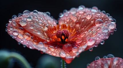 A beautiful close up of a red poppy flower with morning dew on its petals.