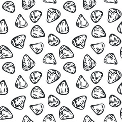 Hand drawn seamless pattern with buckwheat seeds in monochrome sketch style isolated on white background. Agriculture background for food branding. Vintage vector illustration.
