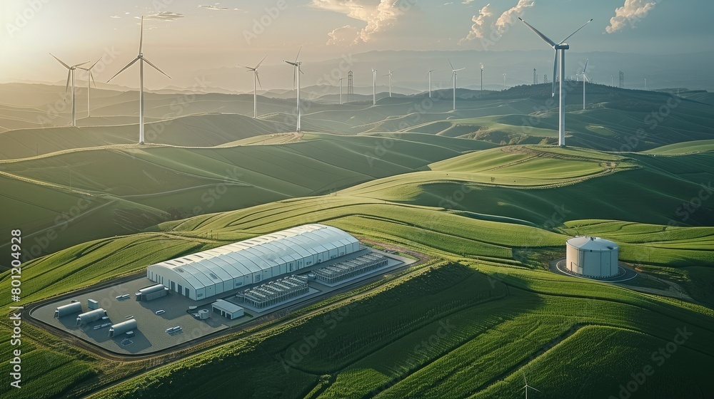 Poster An aerial view of a battery energy storage system with a substation in a green landscape and windmills in the background. Generative AI.