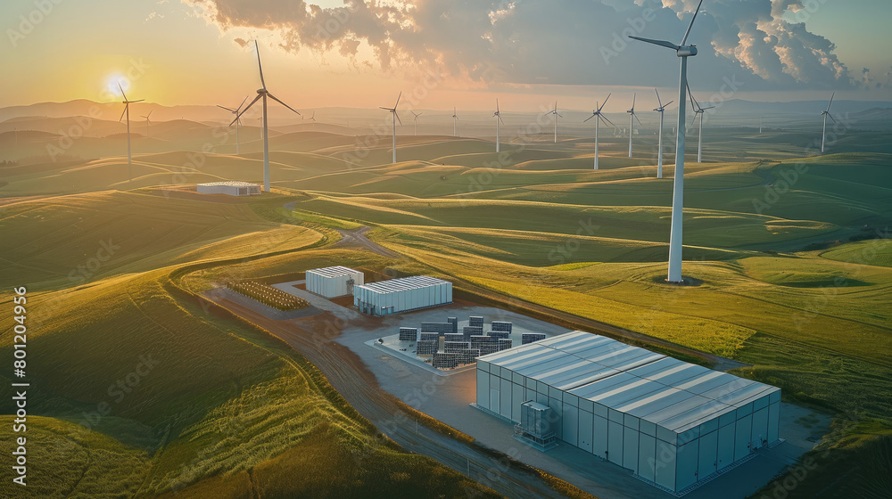Aufkleber An aerial view of a battery energy storage system with a substation in a green landscape and windmills in the background. Generative AI.