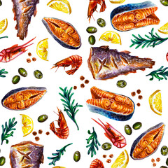 Seamless pattern a lot of fish fillets and steaks, shrimp. Watercolor drawing of food on a white background.