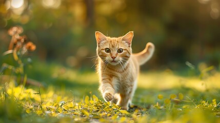 A smiling little cat in a beautiful green meadow is happily running towards the camera cute cat
