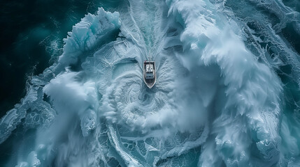 Spiral Abyss Serenity: Aerial View of Vibrant Ice Lake with Boat