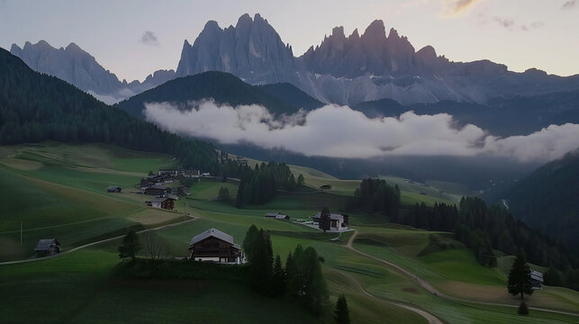 Drone Captures Serene Scenery: Sass de Putia in the Cloud-Kissed Dolomites - A Peaceful Italian Village Near La Val