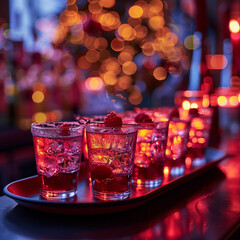 Row of shots with red liquor on a waiter tray. Night club, evening party. Lights bokeh with bartender on background