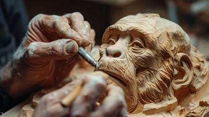 Hands carving a wooden sculpture.
