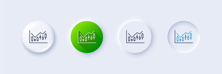 Candlestick chart line icon. Neumorphic, Green gradient, 3d pin buttons. Financial graph sign. Stock exchange symbol. Business investment. Line icons. Neumorphic buttons with outline signs. Vector