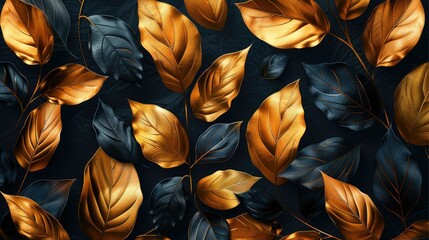 Black and gold leaves pattern on a dark background in the style of a vector illustration. High-end textured wallpaper design with ultrahigh definition resolution. Generative AI. - obrazy, fototapety, plakaty