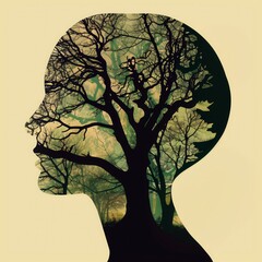 Silhouette human profile lush green tree against yellow background growth - obrazy, fototapety, plakaty
