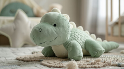 Plush dinosaur toy on a rug