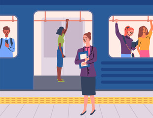 Cartoon Color Characters People and Subway Station with Train Concept Flat Design Style. Vector illustration of Public Transport