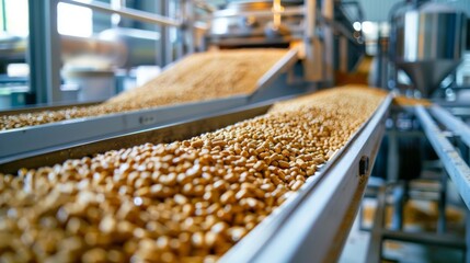Manufacturing process where a conveyor belt transports biobased pellets through a high - efficiency drying stage, preparing them as sustainable raw materials for eco - friendly adhesive production