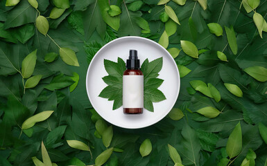 A white plate with a single green leaf next to a bottle of essential oil, on a round template podium for natural product. Generative AI - Powered by Adobe