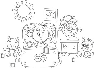 Cute little girl awaking up in her pretty small bed among toys after merry rings of a funny alarm clock in a nursery room on a sunny morning, black and white vector cartoon illustration