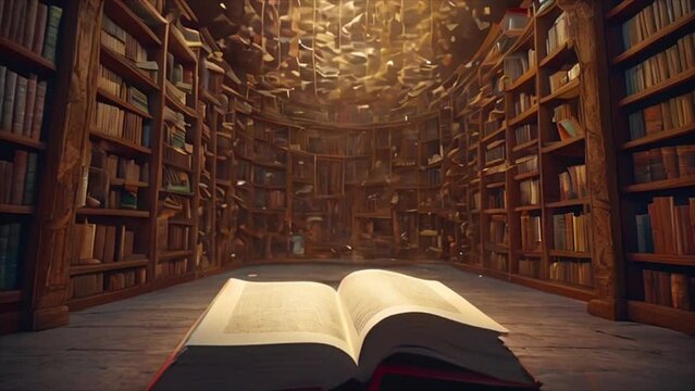A magical library with a fairy tale atmosphere of books. Generated with AI