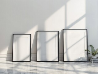 AI-generated illustration of three blank frames against a white wall - obrazy, fototapety, plakaty