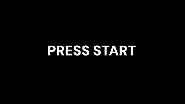 Press start text with screen effects of technological failures. Spectacular screen glitch with various kinds of interference. Looped