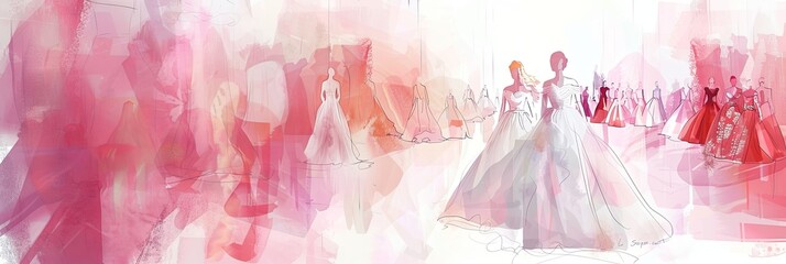 This ethereal watercolor illustration captures a bridal fashion show, perfect for promoting wedding dress designs and bridal event themes.