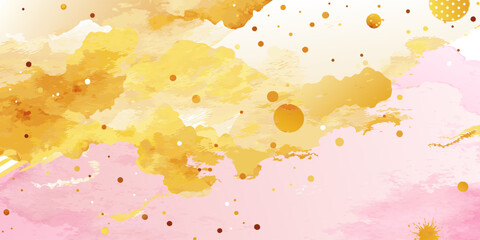 abstract watercolor background in pink color, with gold spots. Imitation watercolor illustration for prints, wall art, covers and invitation cards. Vector background