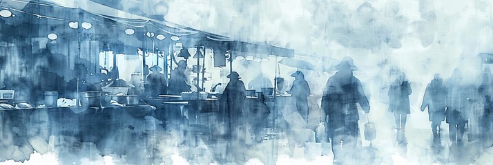 This watercolor painting abstractly depicts a busy café scene, offering a unique artistic take on urban life and social gatherings.