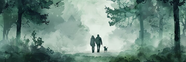 A serene watercolor depiction of a couple walking their dog in a misty forest, ideal for themes of nature, tranquility, and relationships.