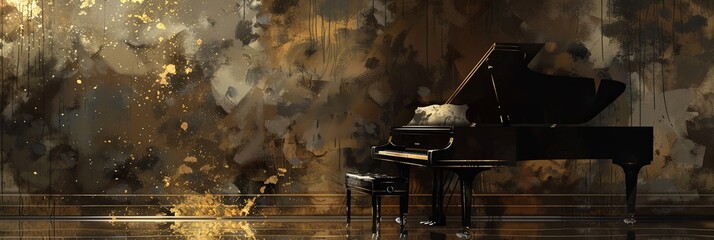 An abstract expressionist depiction of a grand piano, set against a backdrop of golden and black watercolor splashes. Ideal for music-related promotional materials or as a dramatic piece of wall art. 