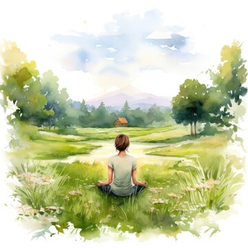 Watercolor Clipart Of A Lone Yoga Practitioner In A Peaceful Meadow