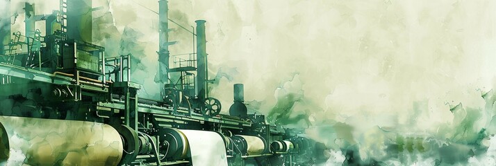 This watercolor illustration captures the intricate details of vintage industrial machinery in muted green and blue tones. Perfect for themes related to industrial history, machinery, and engineering.