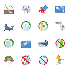Icon set plastic pollution. related to environment symbol. Flat color vector icon isolated on white background.