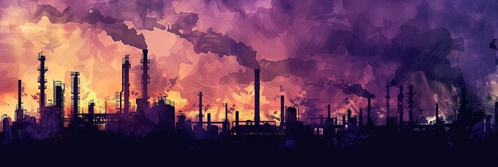 A digital painting of an industrial area at night, with smoke and smog emanating from the factories. The scene depicts the negative effects of  pollution on the environment and air quality